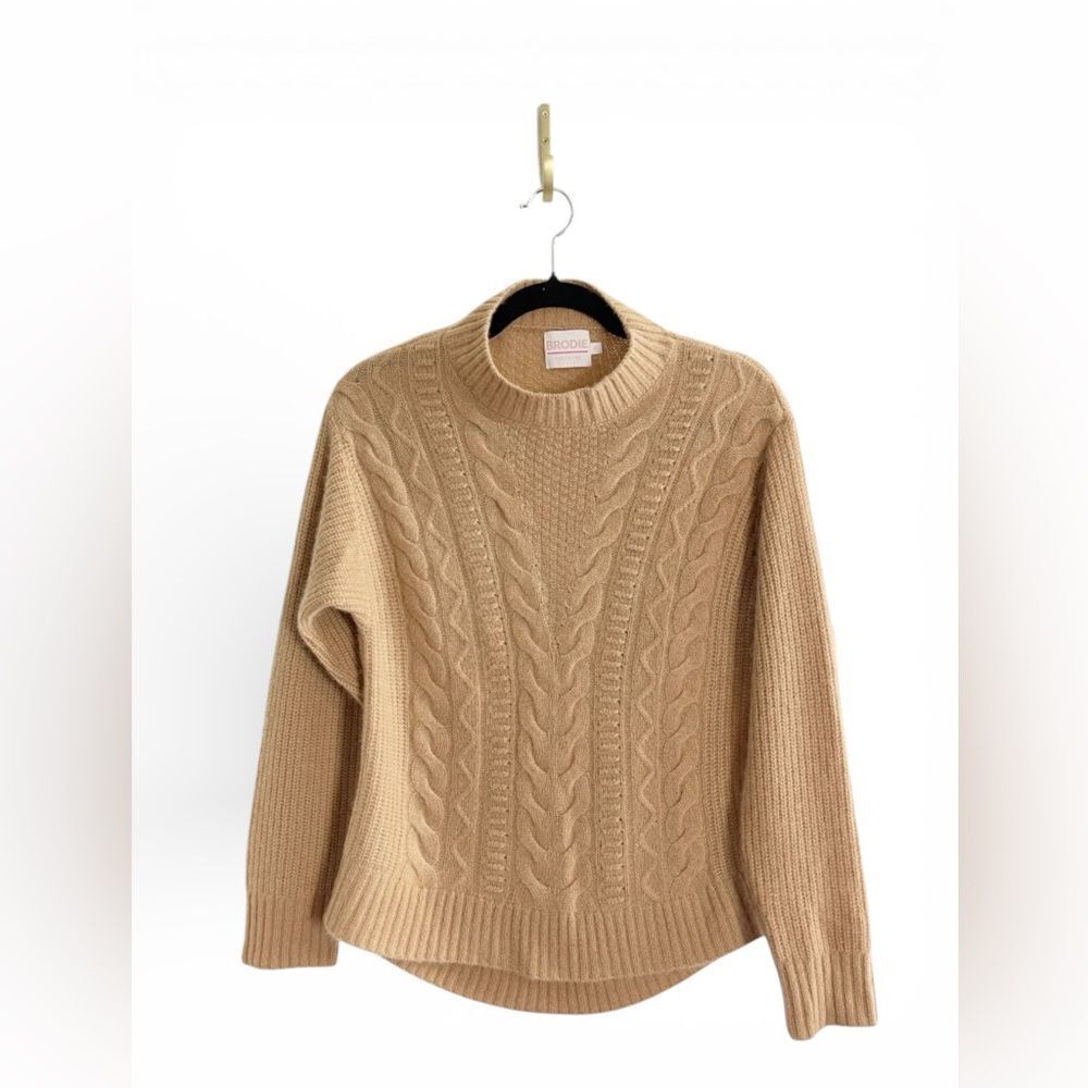 Luxe Brodie Cashmere Mock-Neck Cable Knit Sweater in tan Quiet Luxury s